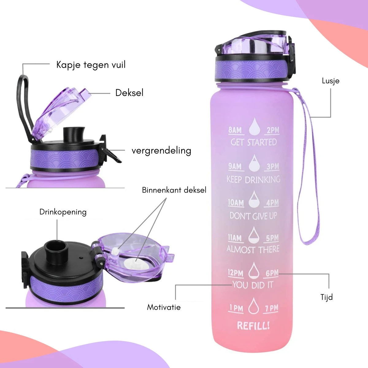 LaCardia Motivatie Waterfles Paars Oranje- 1 Liter Drinkfles - Waterfles Met Tijdmarkering - Paars Oranje 9 LaCardia Motivatie Waterfles Paars Oranje- 1 Liter Drinkfles - Waterfles Met Tijdmarkering - Paars Oranje - Afbeelding 7