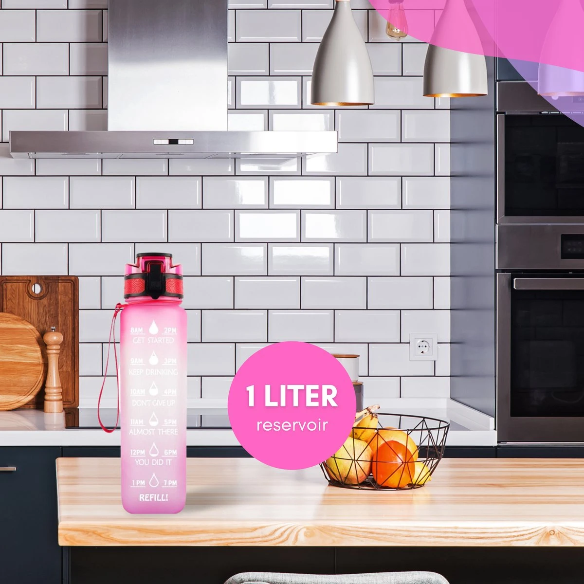 LaCardia Motivatie Waterfles Roze Paars - 1 Liter Drinkfles - Waterfles Met Tijdmarkering - Roze + Paars 4 LaCardia Motivatie Waterfles Roze Paars - 1 Liter Drinkfles - Waterfles Met Tijdmarkering - Roze + Paars - Afbeelding 2