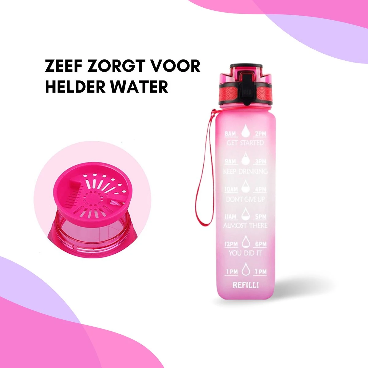LaCardia Motivatie Waterfles Roze Paars - 1 Liter Drinkfles - Waterfles Met Tijdmarkering - Roze + Paars 7 LaCardia Motivatie Waterfles Roze Paars - 1 Liter Drinkfles - Waterfles Met Tijdmarkering - Roze + Paars - Afbeelding 5