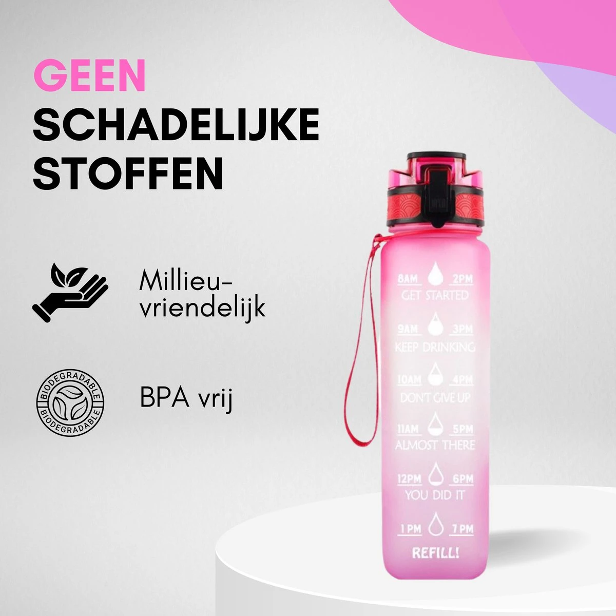 LaCardia Motivatie Waterfles Roze Paars - 1 Liter Drinkfles - Waterfles Met Tijdmarkering - Roze + Paars 9 LaCardia Motivatie Waterfles Roze Paars - 1 Liter Drinkfles - Waterfles Met Tijdmarkering - Roze + Paars - Afbeelding 7