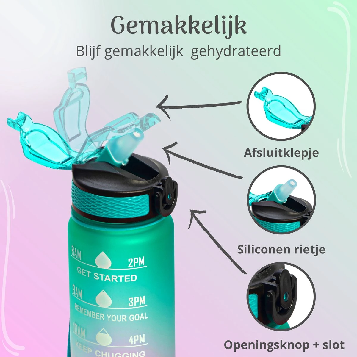 Migliore Drinkfles – Luxe Drinkfles Met Rietje – Waterfles 1 Liter – Water Bottle – Motivatie Waterfles Met Tijdmarkeringen - Ook In 600 Ml En 2 Liter 5 Migliore Drinkfles – Luxe Drinkfles Met Rietje – Waterfles 1 Liter – Water Bottle – Motivatie Waterfles Met Tijdmarkeringen - Ook In 600 Ml En 2 Liter - Afbeelding 3