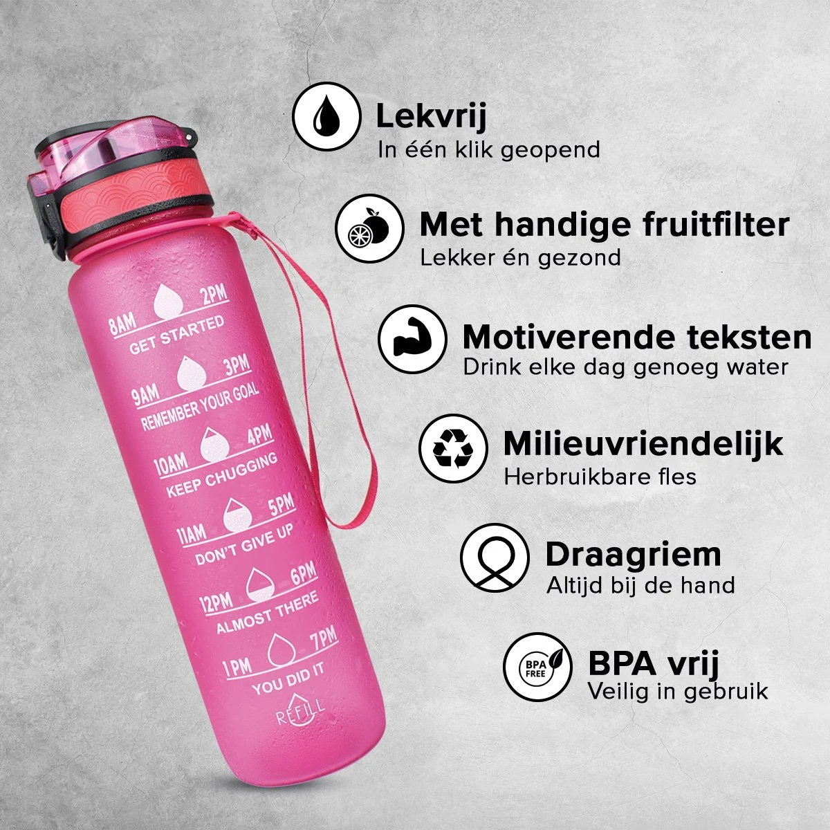 Nimma® Motivatie Waterfles - 1 Liter Drinkfles - Met Tijdmarkeringen En Fruitfilter - Roze 8 Nimma® Motivatie Waterfles - 1 Liter Drinkfles - Met Tijdmarkeringen En Fruitfilter - Roze - Afbeelding 6