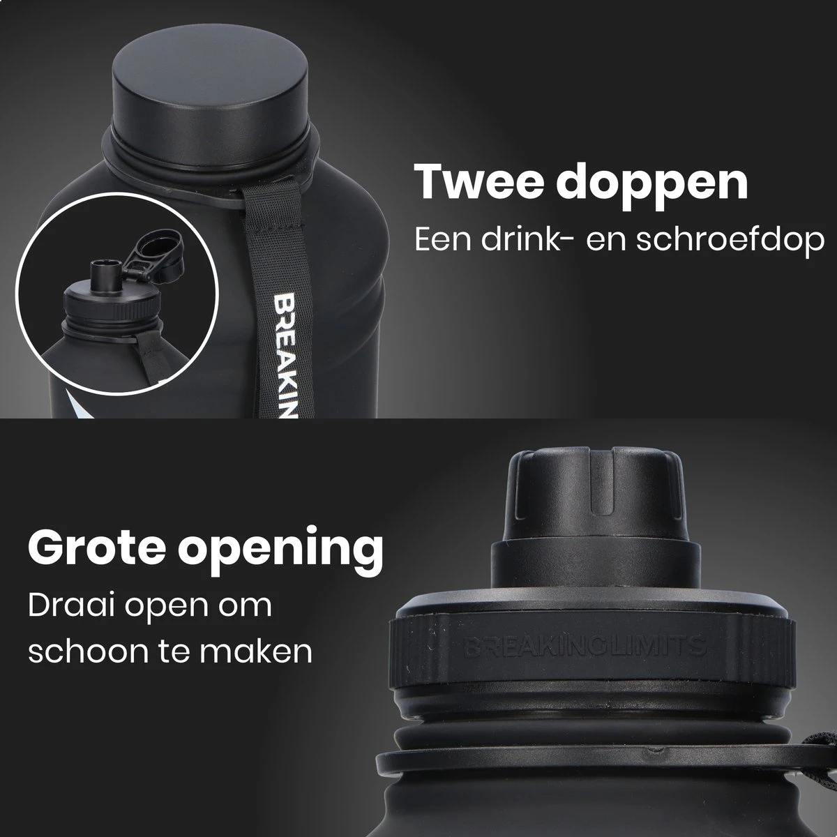 Breaking Limits Stalen Waterfles 2 Liter – Drinkfles – Gemaakt Van Roestvrij Staal – Grote Waterfles – Waterjug – Bidon 2 Liter – 2.2 Liter - Zwart 7 Breaking Limits Stalen Waterfles 2 Liter – Drinkfles – Gemaakt Van Roestvrij Staal – Grote Waterfles – Waterjug – Bidon 2 Liter – 2.2 Liter - Zwart - Afbeelding 5