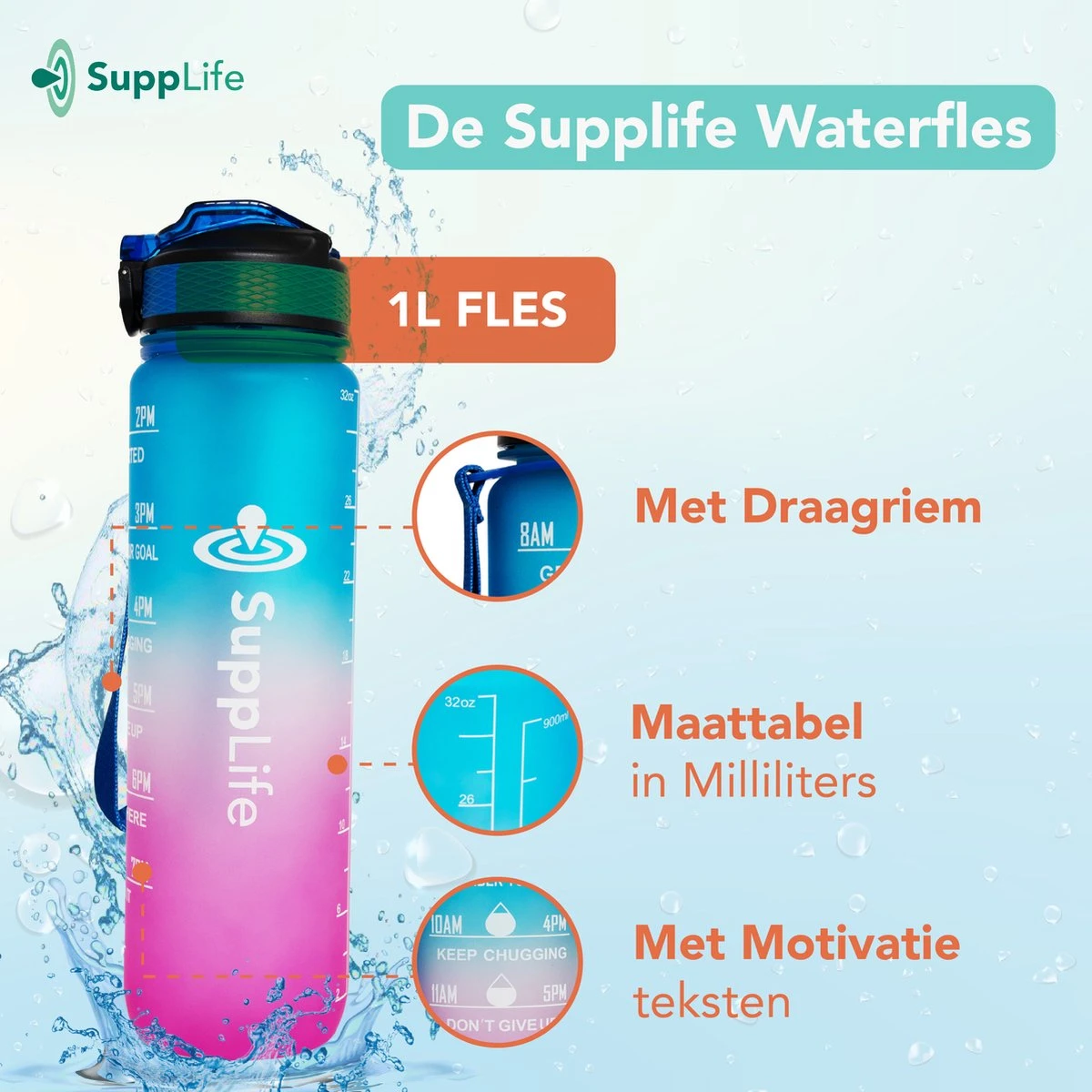 Supplife Motivatie Waterfles - 1 Liter Drinkfles - Waterfles Met Tijdmarkering - Met Rietje - Volwassenen - Kinderen - Blauw Roze - Inclusief Schoonmaakborstel 4 Supplife Motivatie Waterfles - 1 Liter Drinkfles - Waterfles Met Tijdmarkering - Met Rietje - Volwassenen - Kinderen - Blauw Roze - Inclusief Schoonmaakborstel - Afbeelding 2