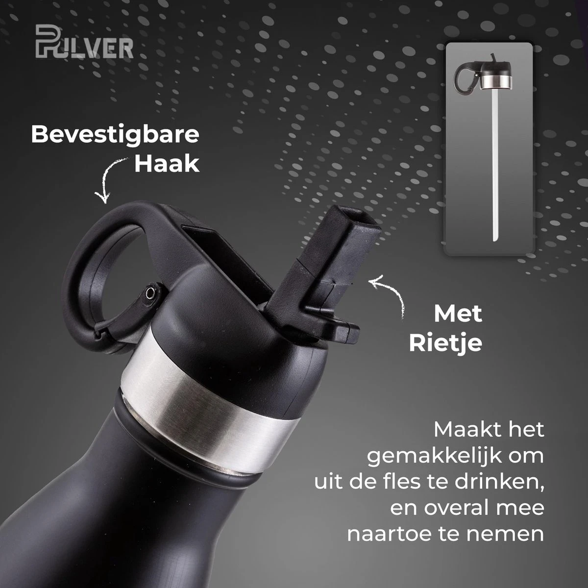 Pulver - Luxe RVS Thermosbeker / Drinkfles – BPA Vrij – 500 Ml - Waterfles Met Rietje – Drinkfles – Dubbele Isolatie - Kinderen & Volwassenen - Zwart 7 Pulver - Luxe RVS Thermosbeker / Drinkfles – BPA Vrij – 500 Ml - Waterfles Met Rietje – Drinkfles – Dubbele Isolatie - Kinderen & Volwassenen - Zwart - Afbeelding 5
