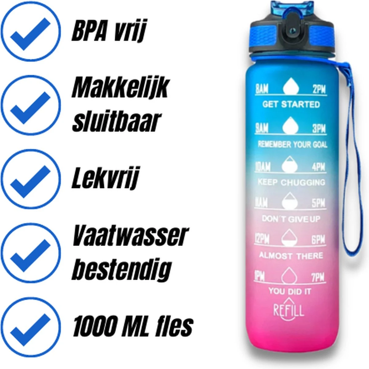 Merkloos Motivatie Waterfles - 1 Liter Fles - Waterfles Met Tijdmarkeringen - Inclusief Accessoires 10 Merkloos Motivatie Waterfles - 1 Liter Fles - Waterfles Met Tijdmarkeringen - Inclusief Accessoires - Afbeelding 8