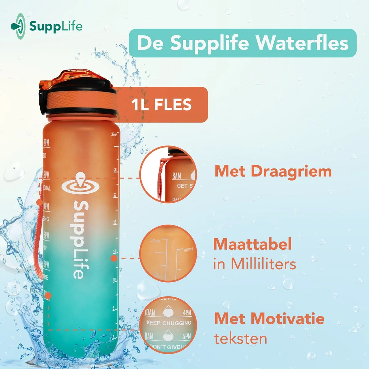 Supplife Motivatie Waterfles - 1 Liter Drinkfles - Waterfles Met Tijdmarkering - Met Rietje - Volwassenen - Kinderen - Cyaan Oranje - Inclusief Schoonmaakborstel 4 Supplife Motivatie Waterfles - 1 Liter Drinkfles - Waterfles Met Tijdmarkering - Met Rietje - Volwassenen - Kinderen - Cyaan Oranje - Inclusief Schoonmaakborstel - Afbeelding 2
