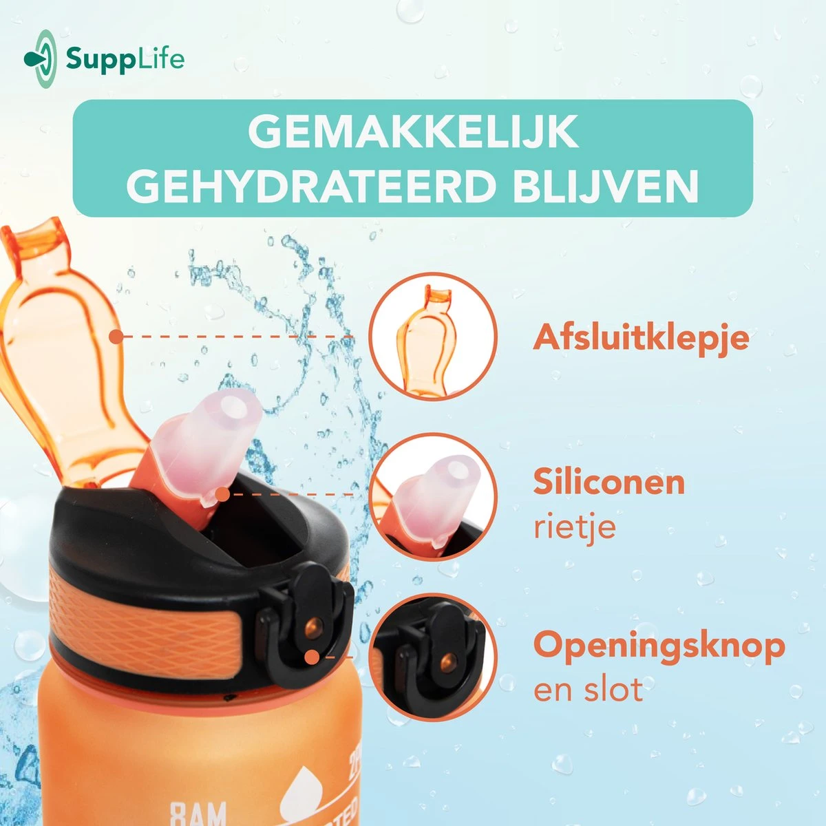 Supplife Motivatie Waterfles - 1 Liter Drinkfles - Waterfles Met Tijdmarkering - Met Rietje - Volwassenen - Kinderen - Cyaan Oranje - Inclusief Schoonmaakborstel 5 Supplife Motivatie Waterfles - 1 Liter Drinkfles - Waterfles Met Tijdmarkering - Met Rietje - Volwassenen - Kinderen - Cyaan Oranje - Inclusief Schoonmaakborstel - Afbeelding 3