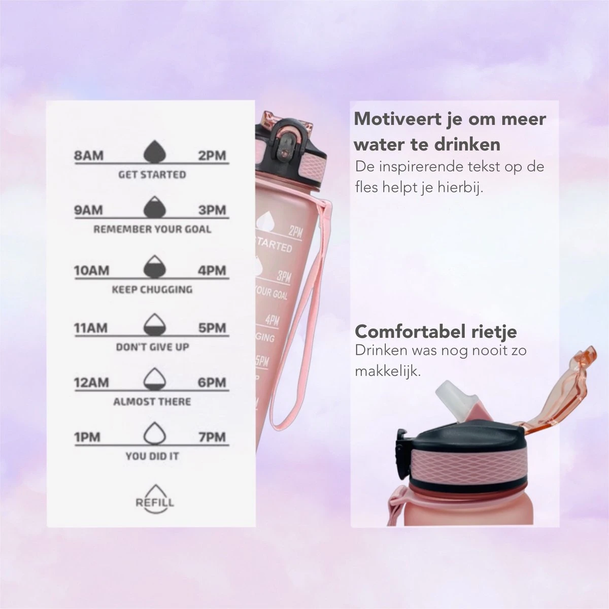 Seniq Motivatie Waterfles - 1 Liter - Drinkfles Met Tijdmarkering - Rietje - Roze 4 Seniq Motivatie Waterfles - 1 Liter - Drinkfles Met Tijdmarkering - Rietje - Roze - Afbeelding 2