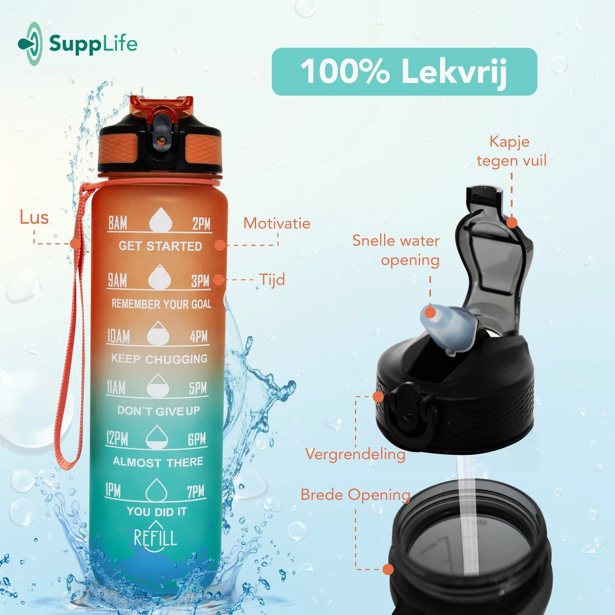 Supplife Motivatie Waterfles - 1 Liter Drinkfles - Waterfles Met Tijdmarkering - Met Rietje - Volwassenen - Kinderen - Cyaan Oranje - Inclusief Schoonmaakborstel 8 Supplife Motivatie Waterfles - 1 Liter Drinkfles - Waterfles Met Tijdmarkering - Met Rietje - Volwassenen - Kinderen - Cyaan Oranje - Inclusief Schoonmaakborstel - Afbeelding 6