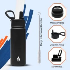 Waterfles 500 Ml Met Rietje Multifunctioneel - Drinkfles Volwassenen - RVS Inclusief 3 Doppen - 24uur Koud/12 Uur Warm - Zwart -Aigostar winkel 1200x1200 517