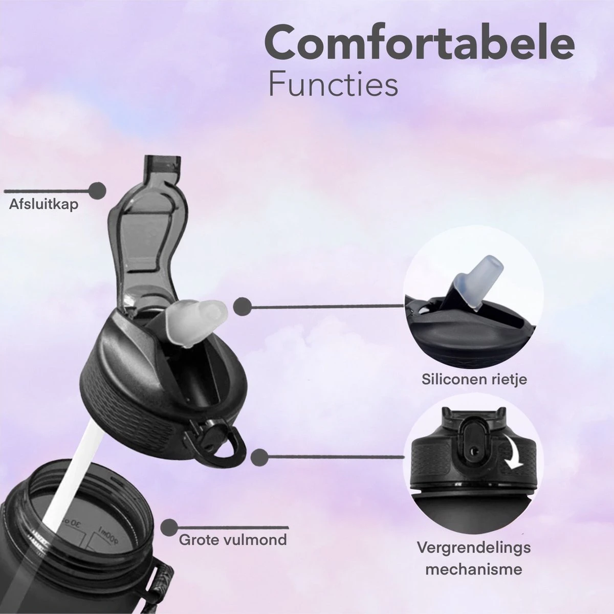 Seniq Motivatie Waterfles - 1 Liter - Drinkfles Met Tijdmarkering - Rietje - Roze 5 Seniq Motivatie Waterfles - 1 Liter - Drinkfles Met Tijdmarkering - Rietje - Roze - Afbeelding 3