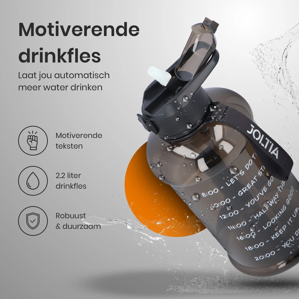 JOLTIA - Sportfles Met Sleeve - Drinkfles Met Rietje - Met Tijdmarkering En Motivatie - Tijd - Drinkflessen Volwassenen - Waterfles - Motiverende Drink / Water Fles - Bidon - Waterjug - 2.2 Liter - Zwart 4 JOLTIA - Sportfles Met Sleeve - Drinkfles Met Rietje - Met Tijdmarkering En Motivatie - Tijd - Drinkflessen Volwassenen - Waterfles - Motiverende Drink / Water Fles - Bidon - Waterjug - 2.2 Liter - Zwart - Afbeelding 2