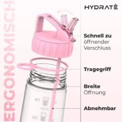 HYDRATE 900ml Drinkfles Met Tijdmarkeringen - Sport Waterfles Met Rietje, BPA-vrije Drinkfles Rietje Van Tritan Ideaal Voor Sportschool, Kantoor, Wandelen, Fitness, Sportfles (Zacht Roze) -Aigostar winkel 1200x1200 582