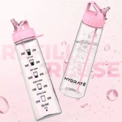 HYDRATE 900ml Drinkfles Met Tijdmarkeringen - Sport Waterfles Met Rietje, BPA-vrije Drinkfles Rietje Van Tritan Ideaal Voor Sportschool, Kantoor, Wandelen, Fitness, Sportfles (Zacht Roze) -Aigostar winkel 1200x1200 586