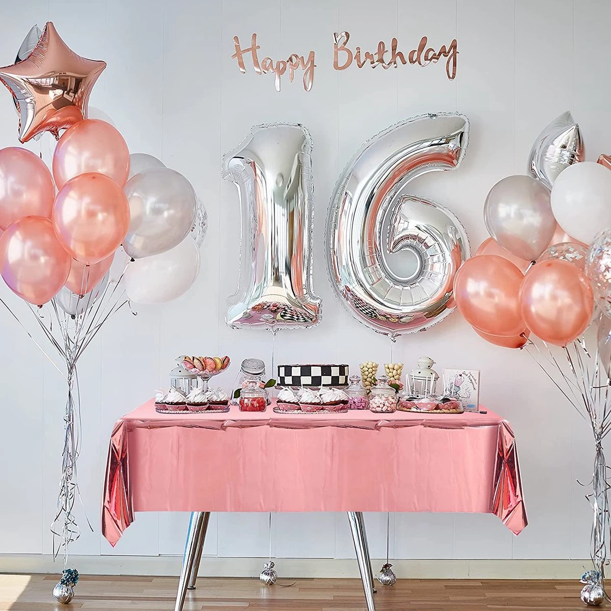 Partizzle 2x Rose Goud Plastic Wegwerp Tafelkleed Set - Verjaardag Bruiloft Sweet 16 Versiering - Feest Decoratie - 274 X 137 Cm 11 Partizzle 2x Rose Goud Plastic Wegwerp Tafelkleed Set - Verjaardag Bruiloft Sweet 16 Versiering - Feest Decoratie - 274 X 137 Cm - Afbeelding 9