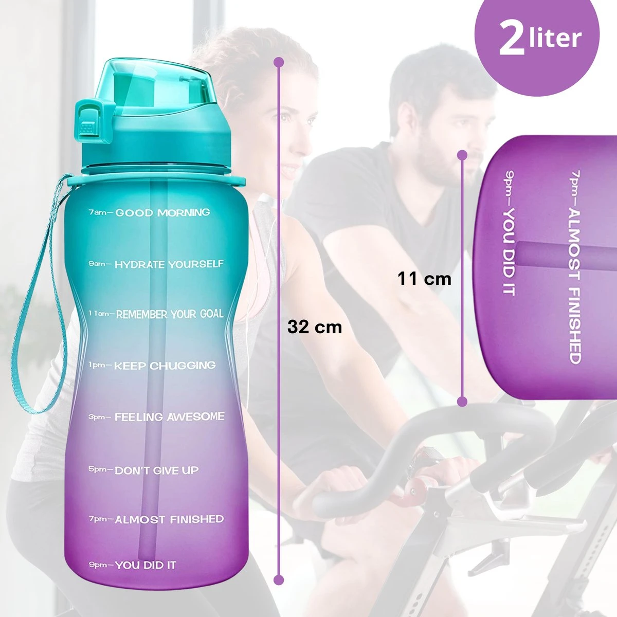 Motivatie Waterfles 2 Liter - Bidon - Sportdrankfles - Grote Waterfles - Gallon - Rietje - Tijdsmarkering - Groen/Paars 4 Motivatie Waterfles 2 Liter - Bidon - Sportdrankfles - Grote Waterfles - Gallon - Rietje - Tijdsmarkering - Groen/Paars - Afbeelding 2