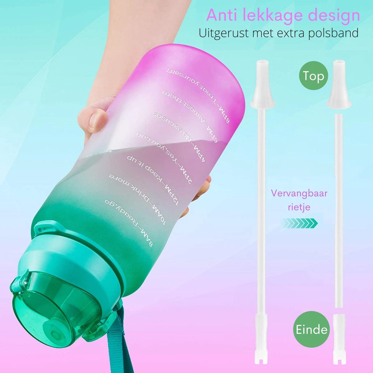 Motivatie Waterfles 2 Liter - Bidon - Sportdrankfles - Grote Waterfles - Gallon - Rietje - Tijdsmarkering - Groen/Paars 5 Motivatie Waterfles 2 Liter - Bidon - Sportdrankfles - Grote Waterfles - Gallon - Rietje - Tijdsmarkering - Groen/Paars - Afbeelding 3