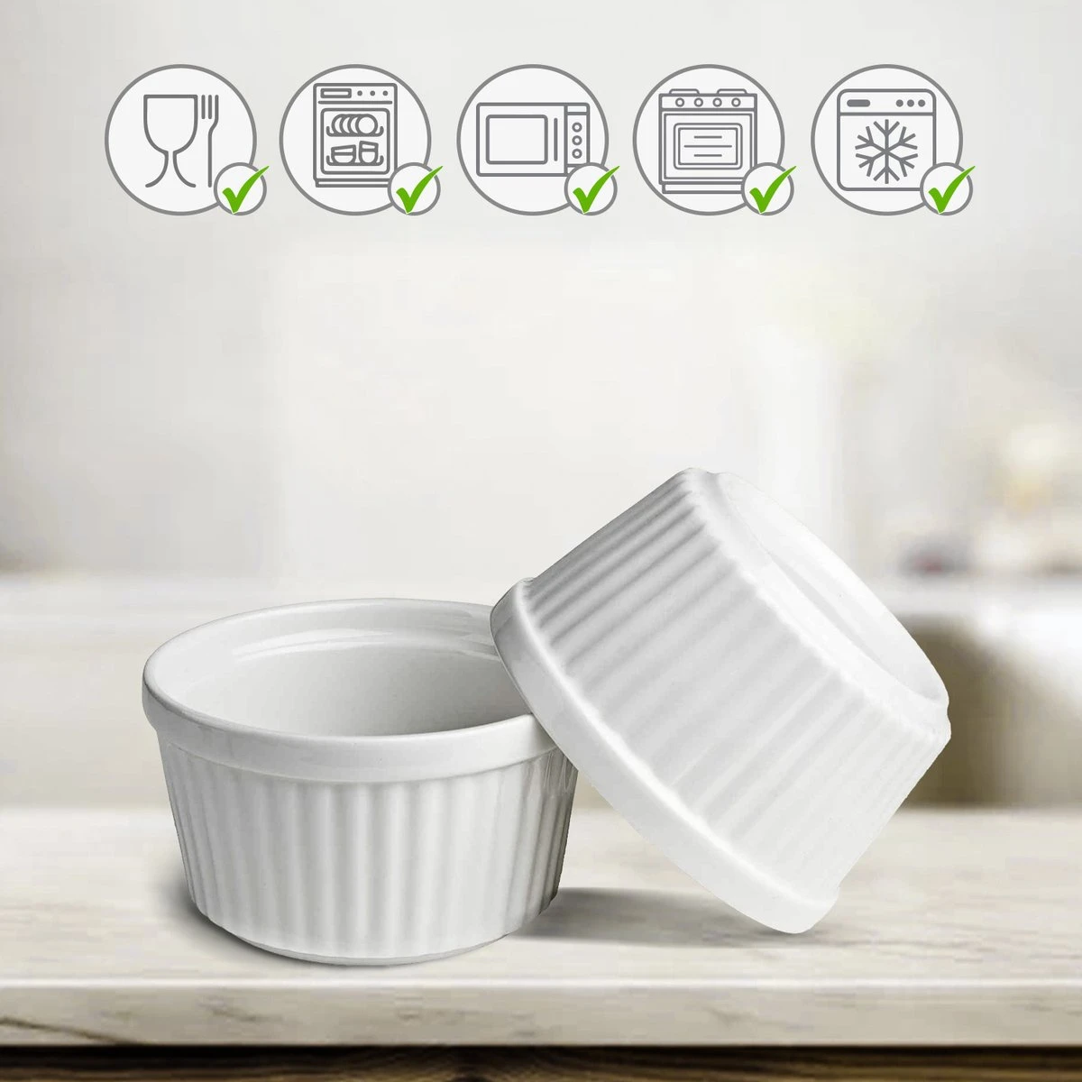 Chefarone Mini Ronde Ovenschalen - Mini Vormpjes Set Van 10 - Bakvormen Keramiek 200 ML - Crème Brulée Schaaltje - Wit 5 Chefarone Mini Ronde Ovenschalen - Mini Vormpjes Set Van 10 - Bakvormen Keramiek 200 ML - Crème Brulée Schaaltje - Wit - Afbeelding 3