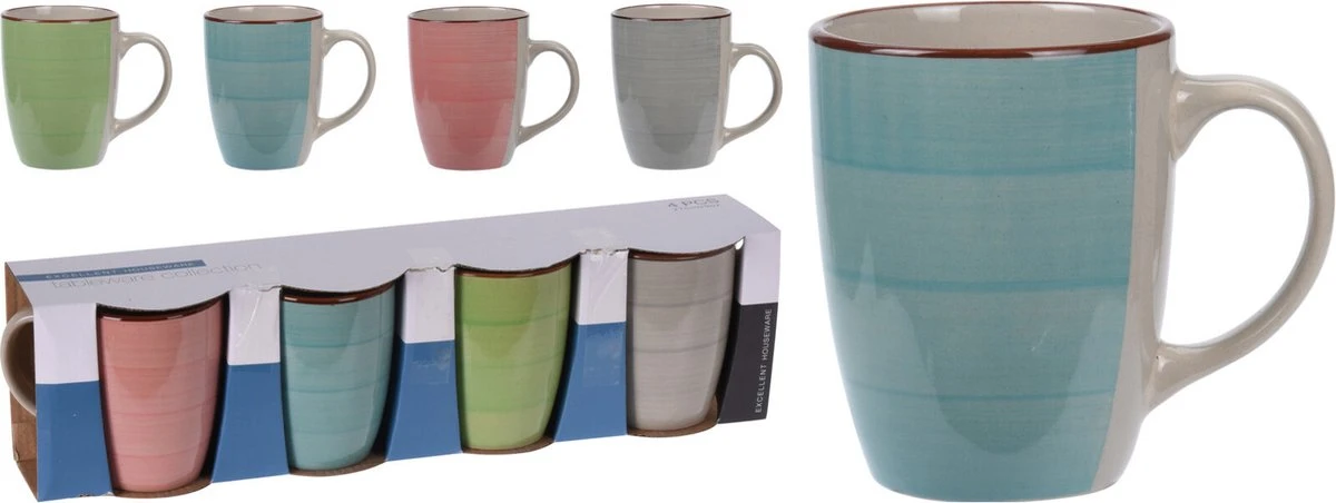 Excellent Houseware Set Van 4x Stuks Luxe Gekleurde Stoneware Bekers/koffiekopjes 270 Ml - Kopjes/koffiebekers 4 Excellent Houseware Set Van 4x Stuks Luxe Gekleurde Stoneware Bekers/koffiekopjes 270 Ml - Kopjes/koffiebekers - Afbeelding 2