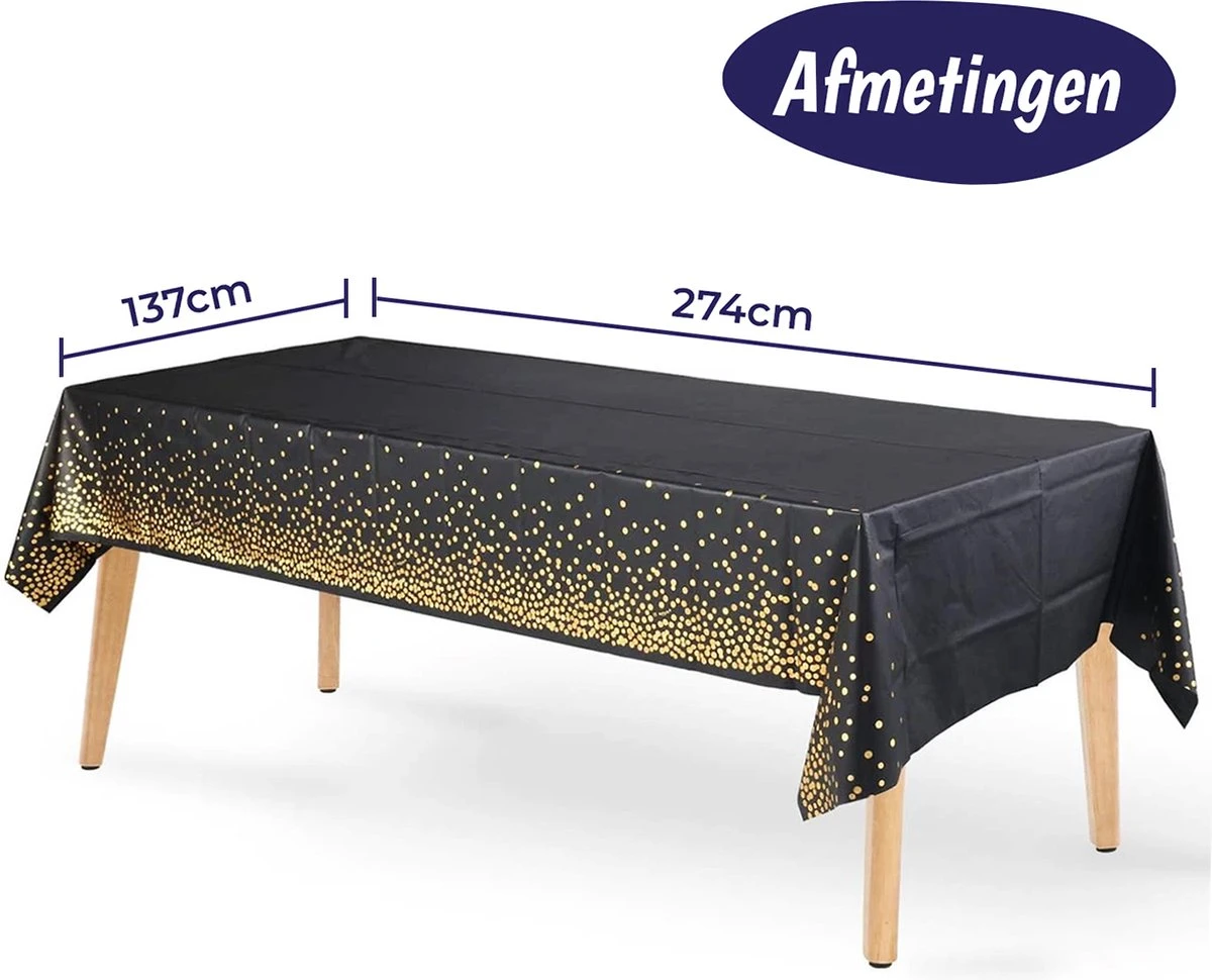 Merkloos Folie Tafelkleed - Zwart Tafelzeil Met Gouden Stippen - Verjaardag Feest - Tafel Accessoire - Party Plastic Decoratie - Metallic Dots - 50 Jaar – Bruiloft - Oud En Nieuw – 2023 Nieuwjaar – Kerst Versiering - Kerstmis Aankleding - 137 X 274 Cm – Goud 4 Merkloos Folie Tafelkleed - Zwart Tafelzeil Met Gouden Stippen - Verjaardag Feest - Tafel Accessoire - Party Plastic Decoratie - Metallic Dots - 50 Jaar – Bruiloft - Oud En Nieuw – 2023 Nieuwjaar – Kerst Versiering - Kerstmis Aankleding - 137 X 274 Cm – Goud - Afbeelding 2