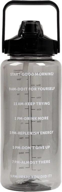 Merkloos Waterfles - Drinkfles - Bidon - Waterfles Met Tijdmarkeringen - Motivatie Waterfles - Waterfles & Drinkfles & Bidon 2 Liter - Drinkfles & Waterfles Met Rietje - Drinkfles Kinderen & Volwassenen - Grote Waterfles | Zwart, 2 Liter