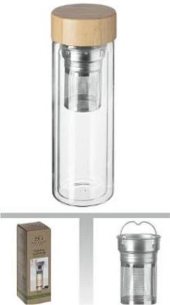 Theeglas Met Filter - Theefles Dubbelwandig 400 Ml - Theebeker Met Zeef - Theefles Met Filter - Waterfles Van Glas - Drinkfles - Bamboe Drinkfles -Aigostar winkel 671x1200