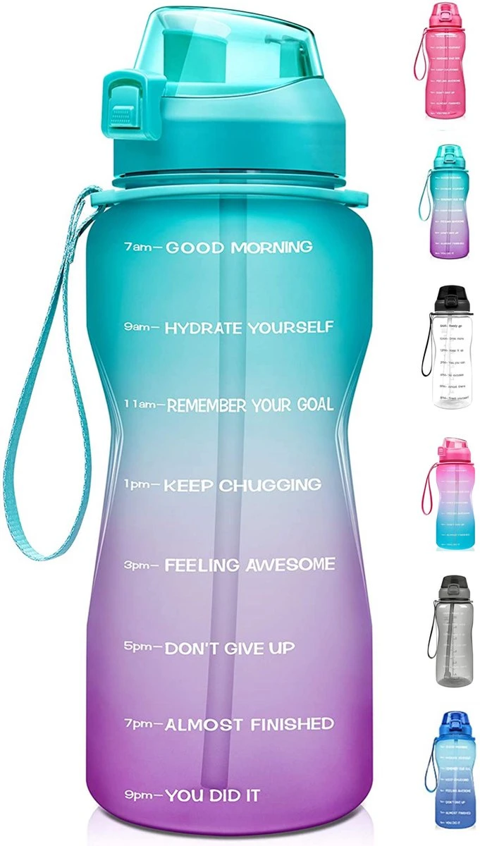 Motivatie Waterfles 2 Liter - Bidon - Sportdrankfles - Grote Waterfles - Gallon - Rietje - Tijdsmarkering - Groen/Paars 3 Motivatie Waterfles 2 Liter - Bidon - Sportdrankfles - Grote Waterfles - Gallon - Rietje - Tijdsmarkering - Groen/Paars