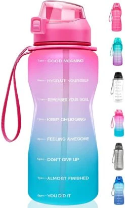 FLOOQ - Waterfles - Bidon - Sportdrankfles - Grote Waterfles - Rietje - 2 Liter - Lekvrij - Tijdsmarkering - Motivatie Waterfles - Blauw/Roze