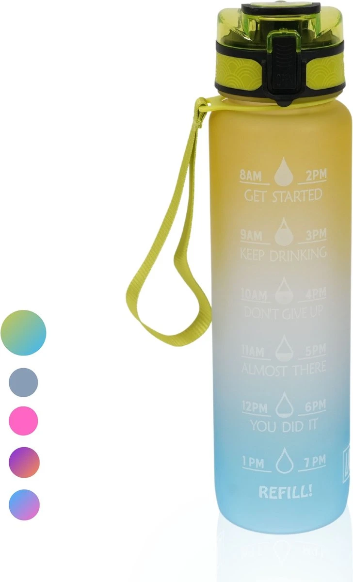 LaCardia Motivatie Waterfles Geel Blauw - 1 Liter Drinkfles - Waterfles Met Tijdmarkering - Geel + Blauw 3 LaCardia Motivatie Waterfles Geel Blauw - 1 Liter Drinkfles - Waterfles Met Tijdmarkering - Geel + Blauw