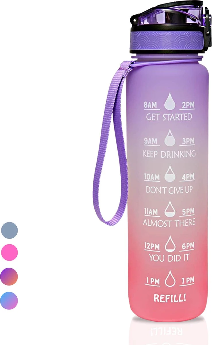 LaCardia Motivatie Waterfles Paars Oranje- 1 Liter Drinkfles - Waterfles Met Tijdmarkering - Paars Oranje 3 LaCardia Motivatie Waterfles Paars Oranje- 1 Liter Drinkfles - Waterfles Met Tijdmarkering - Paars Oranje