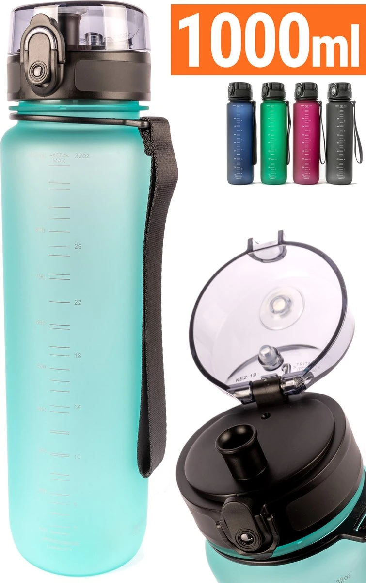 Drinkfles - 1 Liter - Sport Bidon Drinkbus 1000ml - Lichtblauw - King Mungo KMDF043 3 Drinkfles - 1 Liter - Sport Bidon Drinkbus 1000ml - Lichtblauw - King Mungo KMDF043