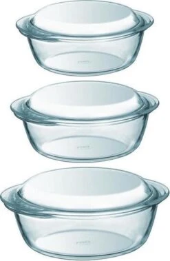 Pyrex 3x Ronde Glazen Ovenschalen Met Deksel 1,4/2,1/3 Liter - Ovenschaal/braadslede - Ovenschotel Schalen - Bakvorm