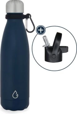 Wattamula Design Eco RVS Drinkfles - Donkerblauw - Extra Dop Met Rietje En Carrier - 500 Ml - Waterfles - Thermosfles - Sport