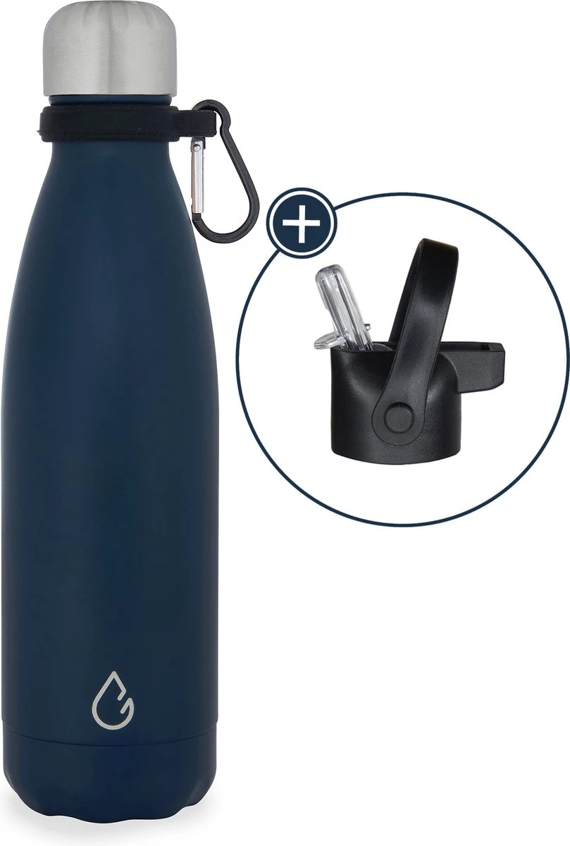 Wattamula Design Eco RVS Drinkfles - Donkerblauw - Extra Dop Met Rietje En Carrier - 500 Ml - Waterfles - Thermosfles - Sport 3 Wattamula Design Eco RVS Drinkfles - Donkerblauw - Extra Dop Met Rietje En Carrier - 500 Ml - Waterfles - Thermosfles - Sport