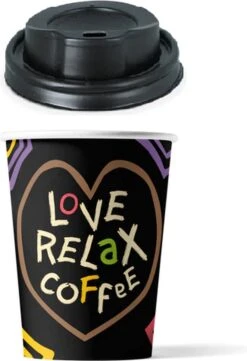 Merkloos 100 X Kartonnen Koffiebeker CAPPUCCINOBEKERS + Zwarte Deksels - LOVE, RELAX, COFFEE - FSC® - 230CC/8OZ - 100 Stuks - Wegwerp Papieren Bekers - Drank Bekers - Milieuvriendelijk