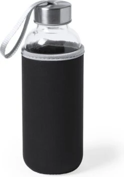 Glazen Waterfles/drinkfles Met Zwarte Softshell Bescherm Hoes 420 Ml - Sportfles - Bidon