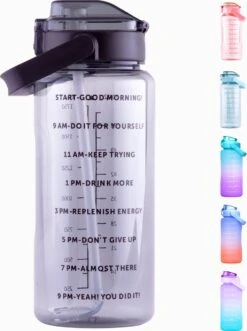 By Bresi - Waterfles 2 Liter Zwart Transparant - Gratis Armband! - Waterfles Met Rietje - Grote Waterfles - Drinkbus - Sportbidon - Twee Liter Waterfles - Sportfles Fitness - Bottle 2 Liter- Drinkfles - Schenkfles - Waterflessen