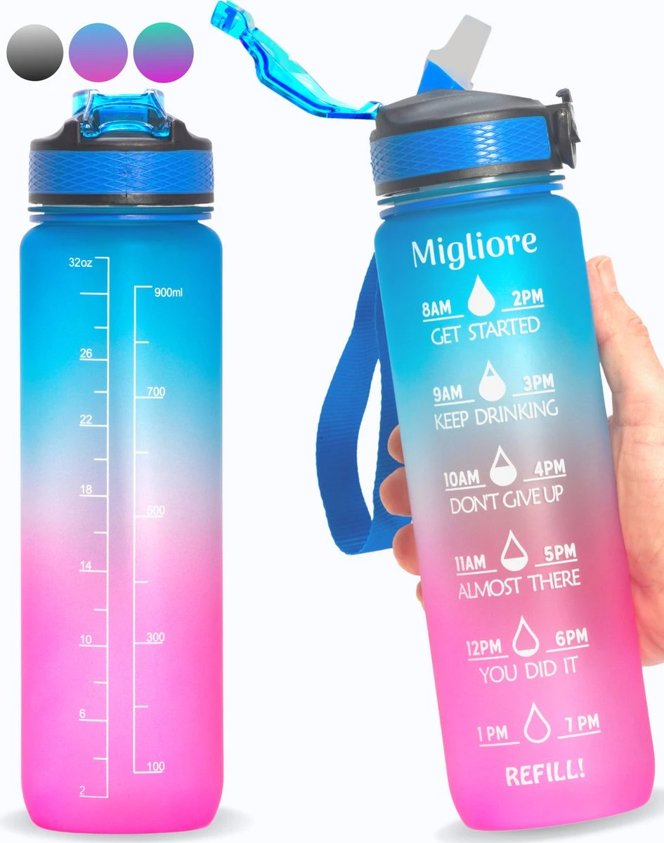 Migliore Drinkfles – Luxe Drinkfles Met Rietje – Waterfles 1 Liter – Water Bottle – Motivatie Waterfles Met Tijdmarkeringen, Ook In 600 Ml En 2 Liter 3 Migliore Drinkfles – Luxe Drinkfles Met Rietje – Waterfles 1 Liter – Water Bottle – Motivatie Waterfles Met Tijdmarkeringen, Ook In 600 Ml En 2 Liter