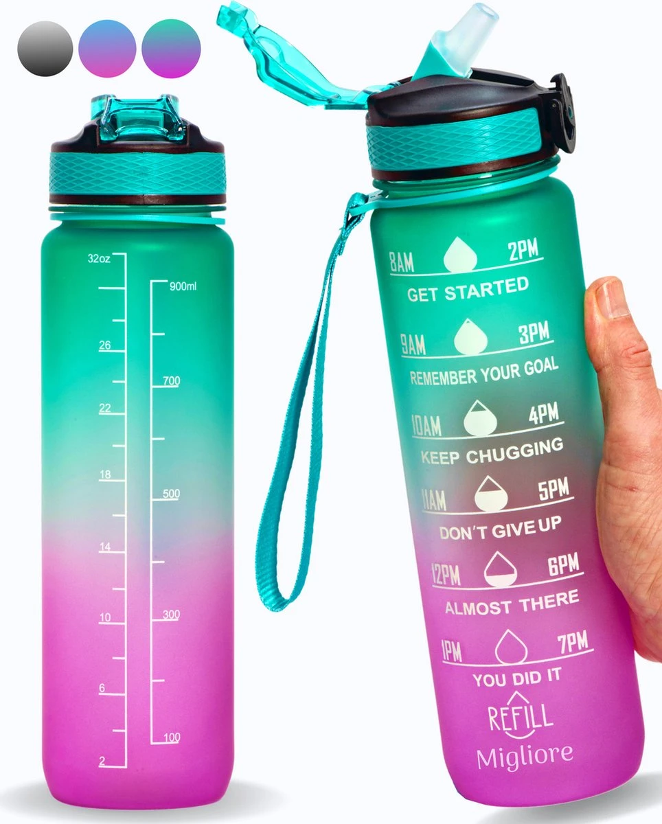 Migliore Drinkfles – Luxe Drinkfles Met Rietje – Waterfles 1 Liter – Water Bottle – Motivatie Waterfles Met Tijdmarkeringen - Ook In 600 Ml En 2 Liter 3 Migliore Drinkfles – Luxe Drinkfles Met Rietje – Waterfles 1 Liter – Water Bottle – Motivatie Waterfles Met Tijdmarkeringen - Ook In 600 Ml En 2 Liter