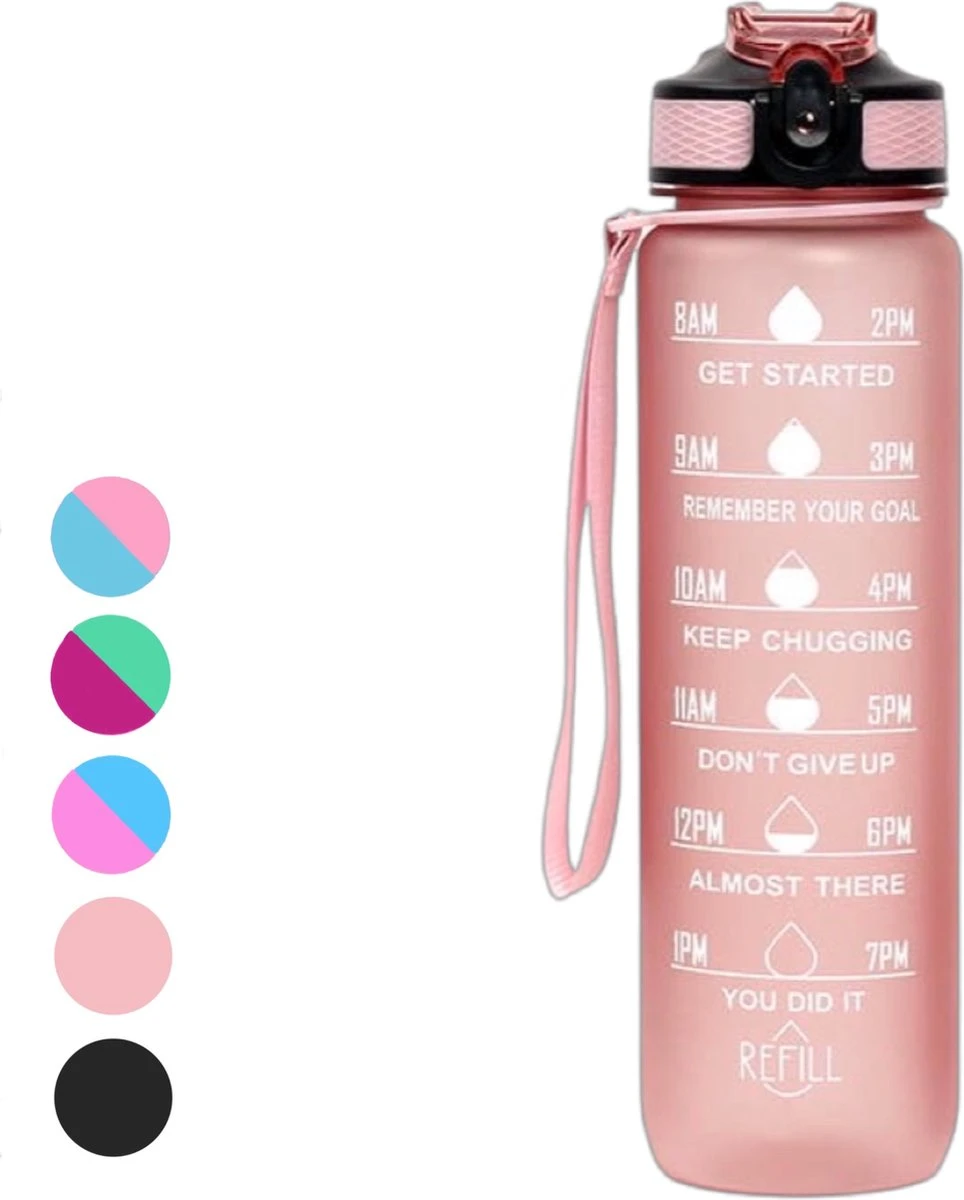 Seniq Motivatie Waterfles - 1 Liter - Drinkfles Met Tijdmarkering - Rietje - Roze 3 Seniq Motivatie Waterfles - 1 Liter - Drinkfles Met Tijdmarkering - Rietje - Roze