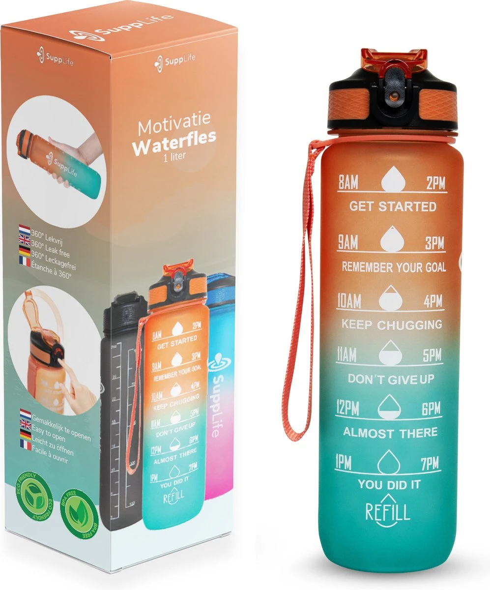 Supplife Motivatie Waterfles - 1 Liter Drinkfles - Waterfles Met Tijdmarkering - Met Rietje - Volwassenen - Kinderen - Cyaan Oranje - Inclusief Schoonmaakborstel 3 Supplife Motivatie Waterfles - 1 Liter Drinkfles - Waterfles Met Tijdmarkering - Met Rietje - Volwassenen - Kinderen - Cyaan Oranje - Inclusief Schoonmaakborstel
